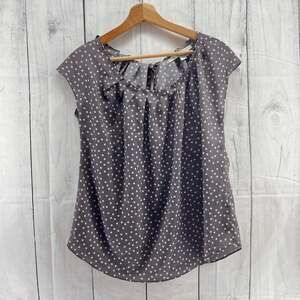 LC Lauren Conrad MEDIUM Gray Brown Polka Dot Pleated Bow Chiffon Top Blouse